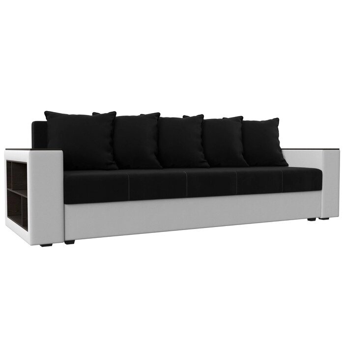 Прямой диван "Дубай лайт", еврокнижка, полки слева, микровельвет чёрный / экокожа белый от компании Интернет-гипермаркет «MALL24» - фото 1