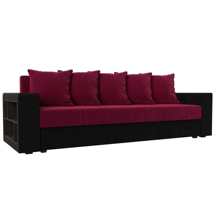 Прямой диван "Дубай лайт", еврокнижка, полки слева, микровельвет, цвет бордовый / чёрный от компании Интернет-гипермаркет «MALL24» - фото 1