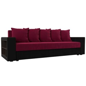 Прямой диван "Дубай лайт", еврокнижка, полки слева, микровельвет, цвет бордовый / чёрный