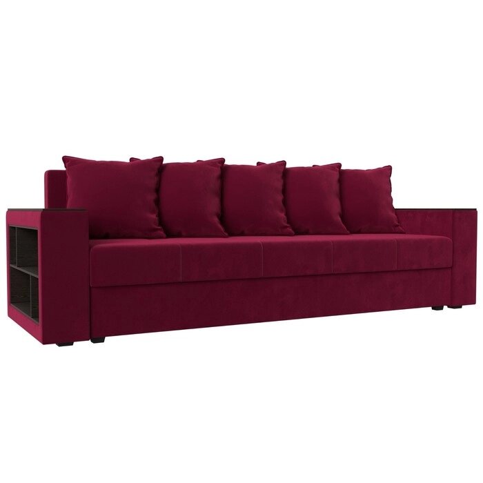 Прямой диван "Дубай лайт", еврокнижка, полки слева, микровельвет, цвет бордовый от компании Интернет-гипермаркет «MALL24» - фото 1