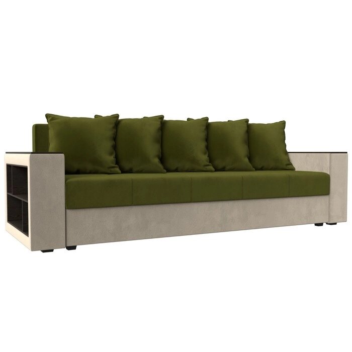 Прямой диван "Дубай лайт", еврокнижка, полки слева, микровельвет, цвет зелёный / бежевый от компании Интернет-гипермаркет «MALL24» - фото 1