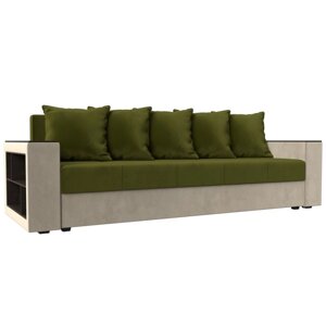 Прямой диван "Дубай лайт", еврокнижка, полки слева, микровельвет, цвет зелёный / бежевый