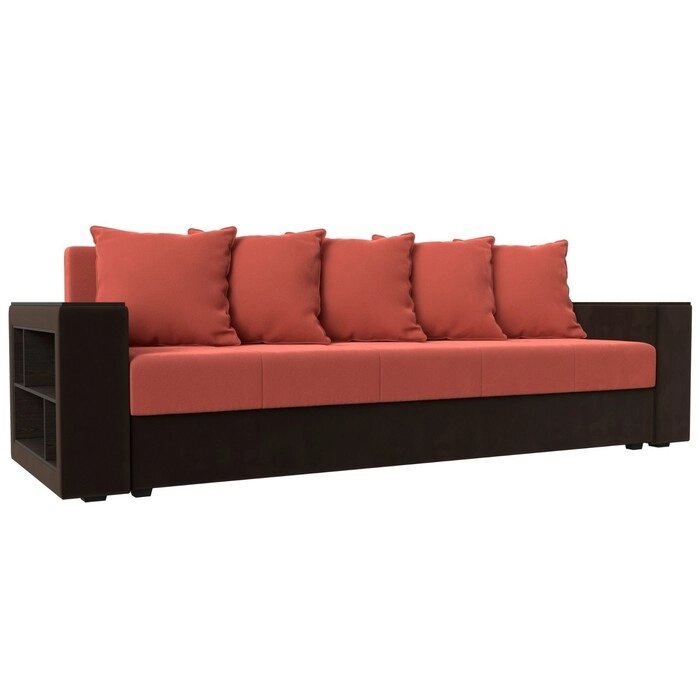Прямой диван "Дубай лайт", еврокнижка, полки слева, микровельвет, коралловый / коричневый от компании Интернет-гипермаркет «MALL24» - фото 1