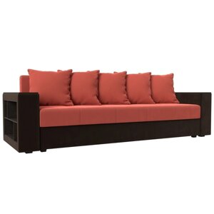 Прямой диван "Дубай лайт", еврокнижка, полки слева, микровельвет, коралловый / коричневый