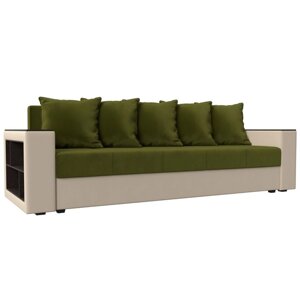 Прямой диван "Дубай лайт", еврокнижка, полки слева, микровельвет зелёный / экокожа бежевый
