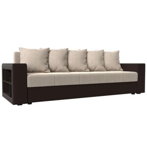 Прямой диван "Дубай лайт", еврокнижка, полки слева, рогожка бежевый / экокожа коричневый