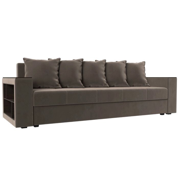 Прямой диван "Дубай лайт", еврокнижка, полки слева, велюр, цвет коричневый от компании Интернет-гипермаркет «MALL24» - фото 1