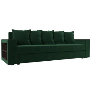 Прямой диван "Дубай лайт", еврокнижка, полки слева, велюр, цвет зелёный
