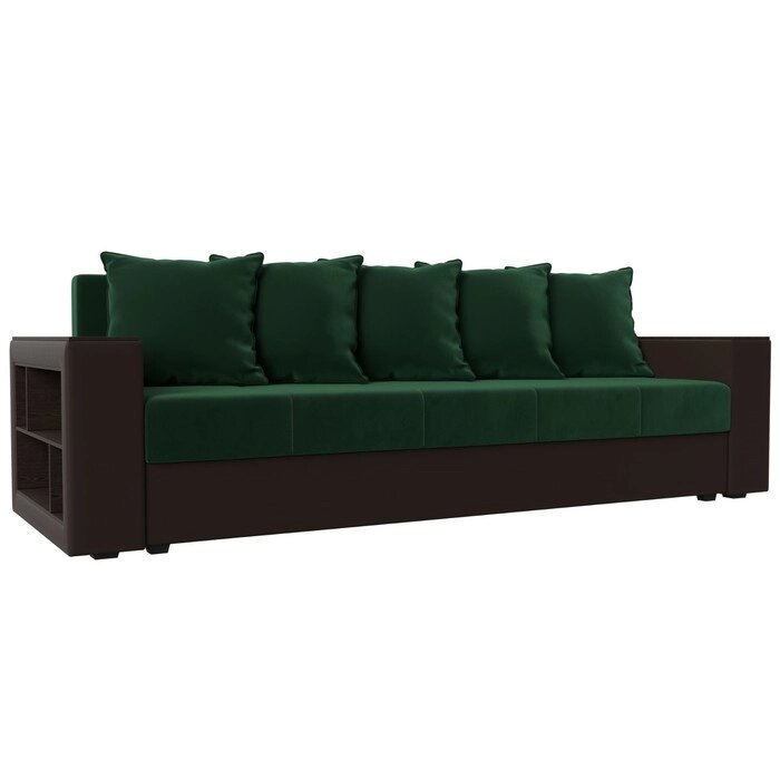 Прямой диван "Дубай лайт", еврокнижка, полки слева, велюр зелёный / экокожа коричневый от компании Интернет-гипермаркет «MALL24» - фото 1