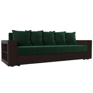 Прямой диван "Дубай лайт", еврокнижка, полки слева, велюр зелёный / экокожа коричневый