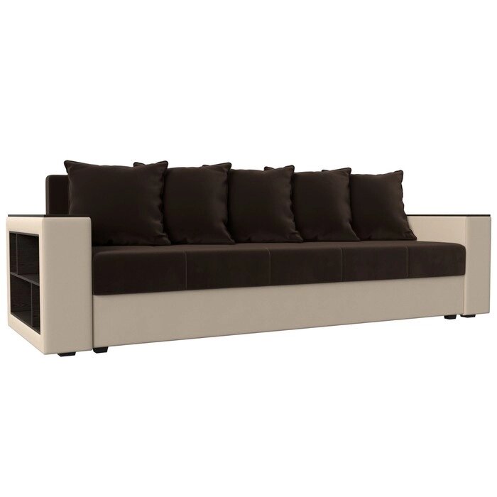 Прямой диван "Дубай лайт", полки слева, цвет микровельвет коричневый / экокожа бежевый от компании Интернет-гипермаркет «MALL24» - фото 1