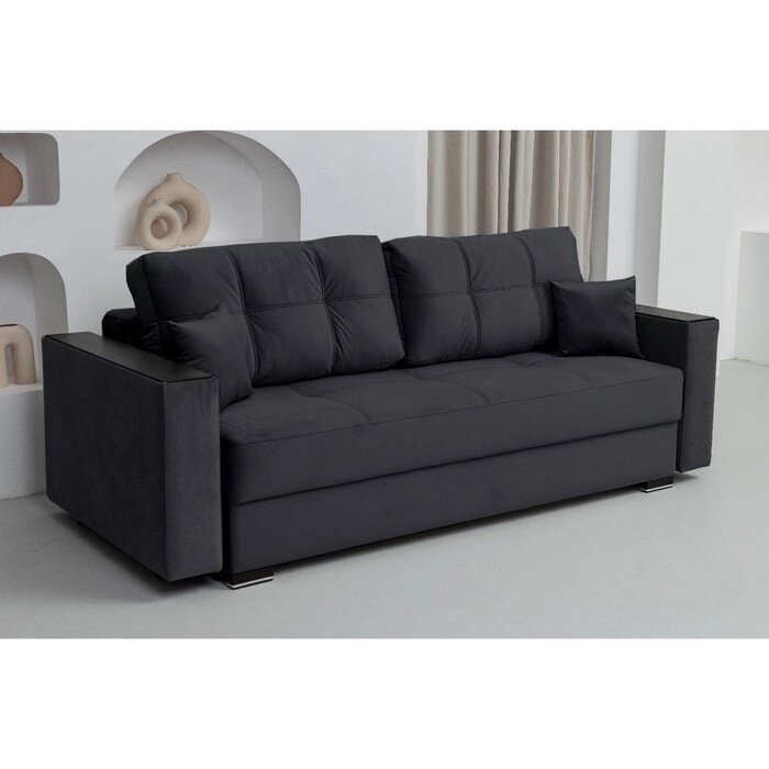 Прямой диван "Кардинал", подлокотники с МДФ, механизм тик-так, НПБ, велюр, цвет чёрный от компании Интернет-гипермаркет «MALL24» - фото 1