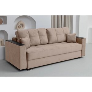 Прямой диван "Кардинал", подлокотники с МДФ, механизм тик-так, НПБ, велюр, цвет латте
