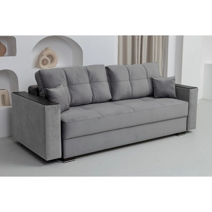 Прямой диван "Кардинал", подлокотники с МДФ, механизм тик-так, НПБ, велюр, цвет серый от компании Интернет-гипермаркет «MALL24» - фото 1