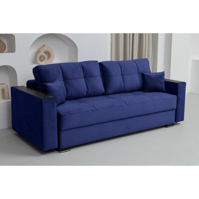 Прямой диван "Кардинал", подлокотники с МДФ, механизм тик-так, НПБ, велюр, цвет синий от компании Интернет-гипермаркет «MALL24» - фото 1