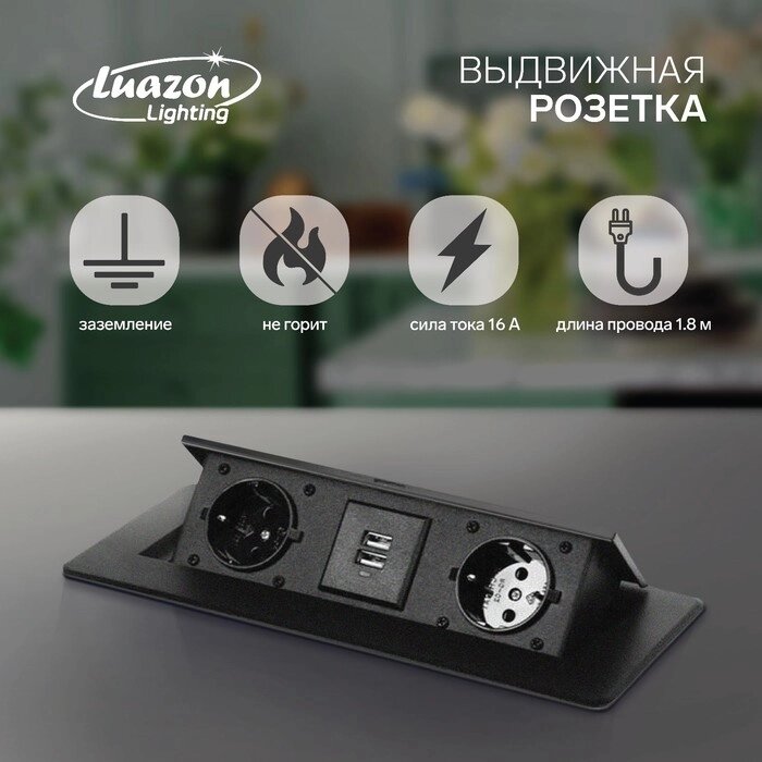 Розетка выдвижная Luazon Lighting, 16 А, двухместная, 2xUSB, 2.1 A, провод 1.8 м, черная от компании Интернет-гипермаркет «MALL24» - фото 1