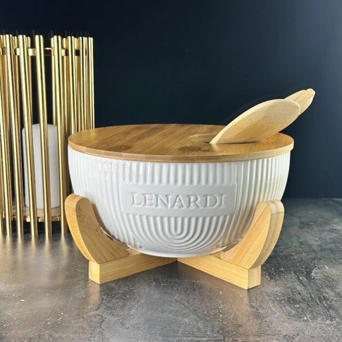 Салатник Lenardi Bamboo, на подставке, с крышкой и кухонными принадлежностями, d=24.5 см, 5 предметов от компании Интернет-гипермаркет «MALL24» - фото 1