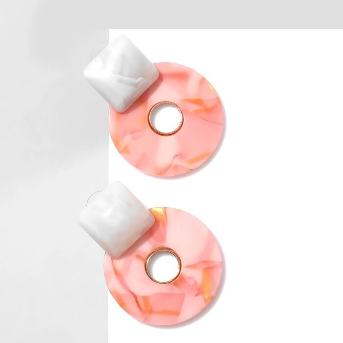 Серьги акрил "Круг" с квадратом, цвет розово-белый в золоте от компании Интернет-гипермаркет «MALL24» - фото 1