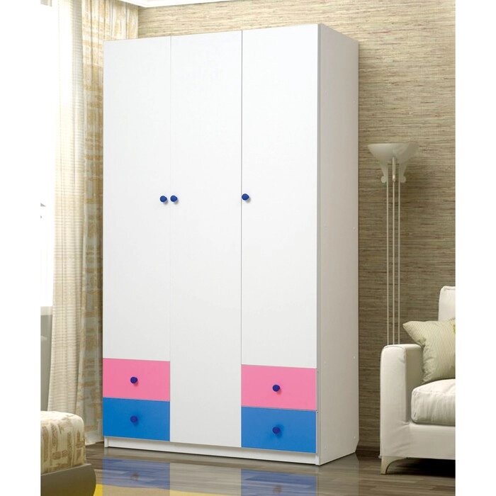 Шкаф 3-х дверный "Радуга", 1200  490  2100 мм, цвет белый/ярко-розовый/синий от компании Интернет-гипермаркет «MALL24» - фото 1
