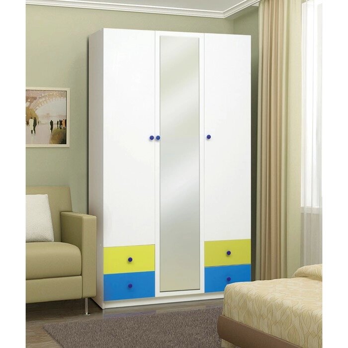 Шкаф 3-х дверный "Радуга", с ящиками и зеркалом, 1200  490  2100 мм, белый/лайм/синий от компании Интернет-гипермаркет «MALL24» - фото 1