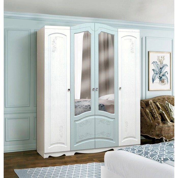 Шкаф 4-х дверный "Венеция 4" с 2-мя зеркалами, цвет белый / арктик матовый / деним матовый от компании Интернет-гипермаркет «MALL24» - фото 1