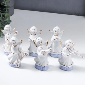 Сувенир керамика "Ангелы в белых тогах - музыканты" набор 6 шт с золотом 12,5 см