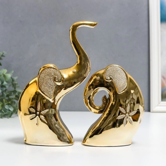 Сувенир керамика "Золотые слоны - роспись цветы" набор 2 шт 14,5х6х12 см 22х6,5х12,5 см от компании Интернет-гипермаркет «MALL24» - фото 1