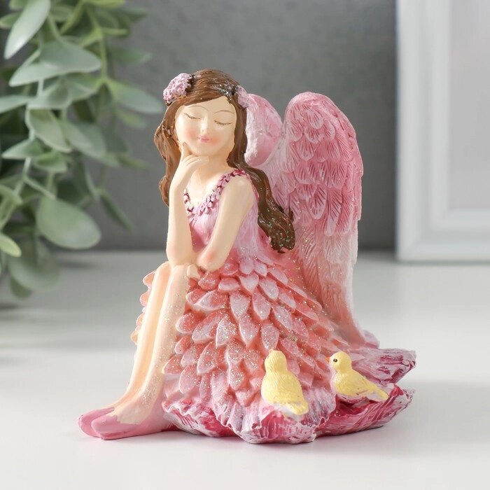 Сувенир полистоун "Девочка-ангел в розовом платье с птичками" розовые крылья 10х8,5х10 см от компании Интернет-гипермаркет «MALL24» - фото 1