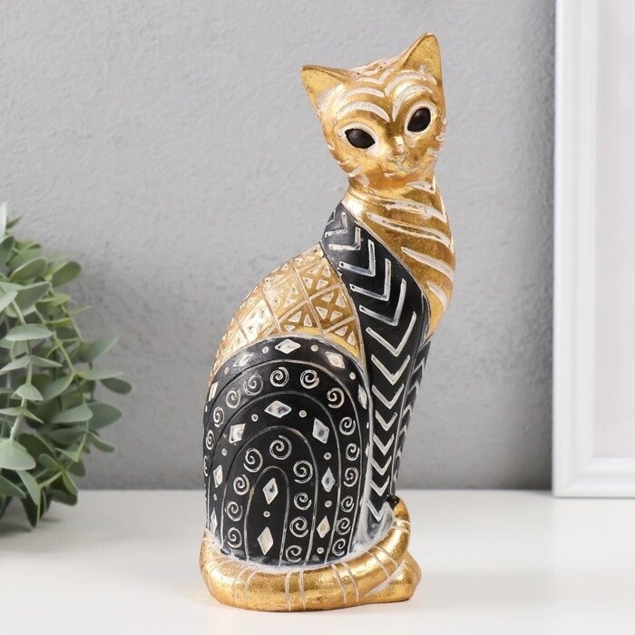 Сувенир полистоун "Кошка с узорами, сидит" золото с чёрным 10,5х8х22 см от компании Интернет-гипермаркет «MALL24» - фото 1
