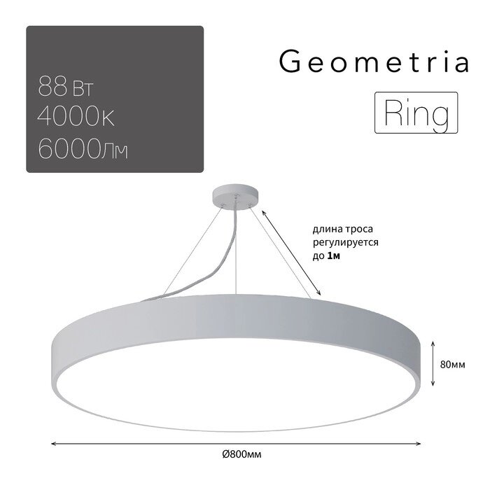 Светильник светодиодный Geometria Ring 88Вт 4000К 6000Лм IP40 80х80х8 белый от компании Интернет-гипермаркет «MALL24» - фото 1