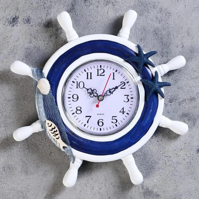 Уценка, Часы настенные "Штурвал", декор в форме морских звёзд и рыбки, бело-голубые от компании Интернет-гипермаркет «MALL24» - фото 1