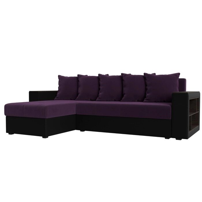 Угловой диван "Дубай лайт", еврокнижка, угол левый, цвет велюр фиолетовый / экокожа чёрный от компании Интернет-гипермаркет «MALL24» - фото 1