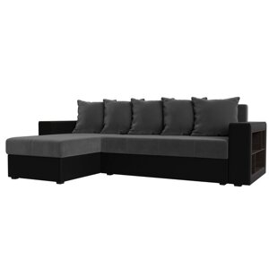 Угловой диван "Дубай лайт", еврокнижка, угол левый, цвет велюр серый / экокожа чёрный