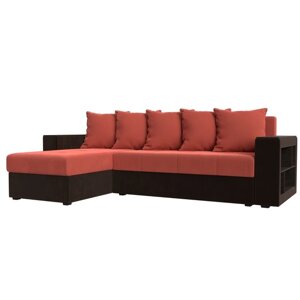 Угловой диван "Дубай лайт", еврокнижка, угол левый, микровельвет, коралловый / коричневый