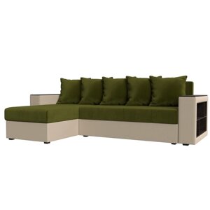 Угловой диван "Дубай лайт", еврокнижка, угол левый, микровельвет зелёный / экокожа бежевый