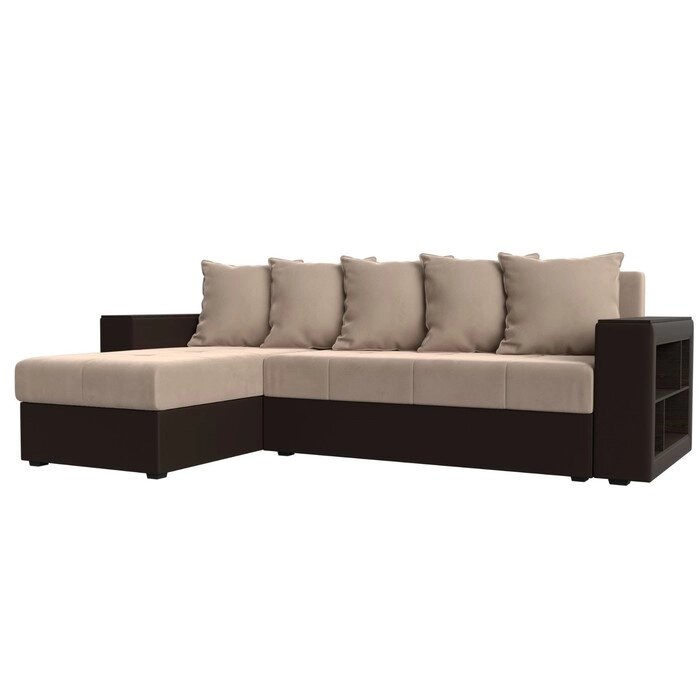Угловой диван "Дубай лайт", еврокнижка, угол левый, велюр бежевый / экокожа коричневый от компании Интернет-гипермаркет «MALL24» - фото 1
