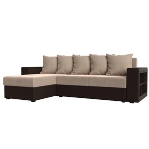 Угловой диван "Дубай лайт", еврокнижка, угол левый, велюр бежевый / экокожа коричневый