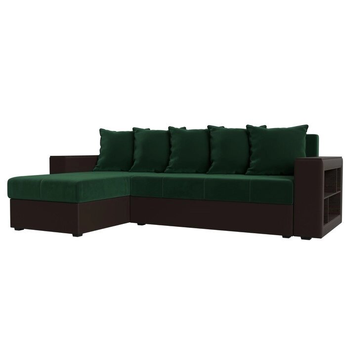 Угловой диван "Дубай лайт", еврокнижка, угол левый, велюр зелёный / экокожа коричневый от компании Интернет-гипермаркет «MALL24» - фото 1