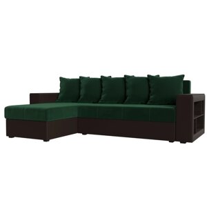Угловой диван "Дубай лайт", еврокнижка, угол левый, велюр зелёный / экокожа коричневый