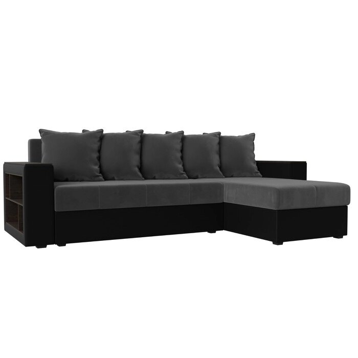 Угловой диван "Дубай лайт", еврокнижка, угол правый, цвет велюр серый / экокожа чёрный от компании Интернет-гипермаркет «MALL24» - фото 1