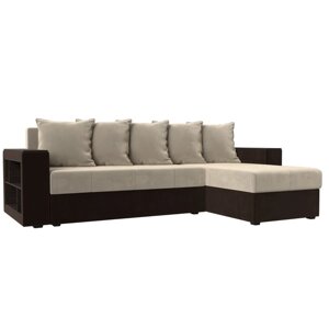 Угловой диван "Дубай лайт", еврокнижка, угол правый, микровельвет, бежевый / коричневый