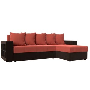Угловой диван "Дубай лайт", еврокнижка, угол правый, микровельвет, коралловый / коричневый