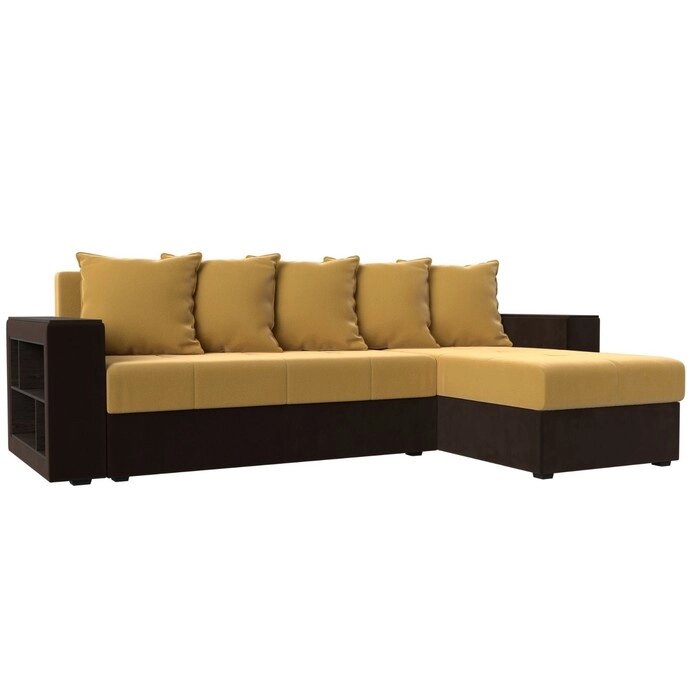 Угловой диван "Дубай лайт", еврокнижка, угол правый, микровельвет, жёлтый / коричневый от компании Интернет-гипермаркет «MALL24» - фото 1
