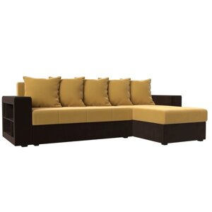 Угловой диван "Дубай лайт", еврокнижка, угол правый, микровельвет, жёлтый / коричневый
