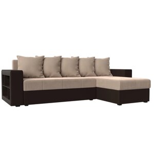 Угловой диван "Дубай лайт", еврокнижка, угол правый, велюр бежевый / экокожа коричневый