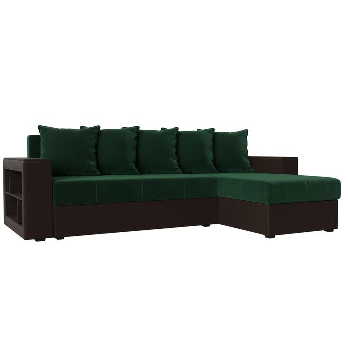 Угловой диван "Дубай лайт", еврокнижка, угол правый, велюр зелёный / экокожа коричневый от компании Интернет-гипермаркет «MALL24» - фото 1