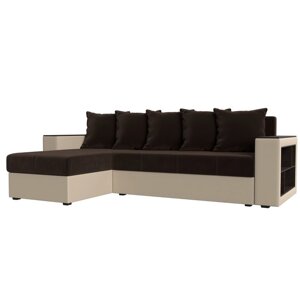 Угловой диван "Дубай лайт", угол левый, цвет микровельвет коричневый / экокожа бежевый
