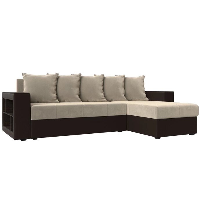 Угловой диван "Дубай лайт", угол правый, цвет микровельвет бежевый / экокожа коричневый от компании Интернет-гипермаркет «MALL24» - фото 1