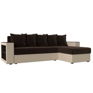 Угловой диван "Дубай лайт", угол правый, цвет микровельвет коричневый / экокожа бежевый
