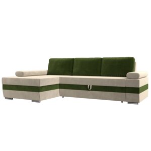 Угловой диван "Канкун", механизм дельфин, микровельвет, угол левый, цвет бежевый / зелёный